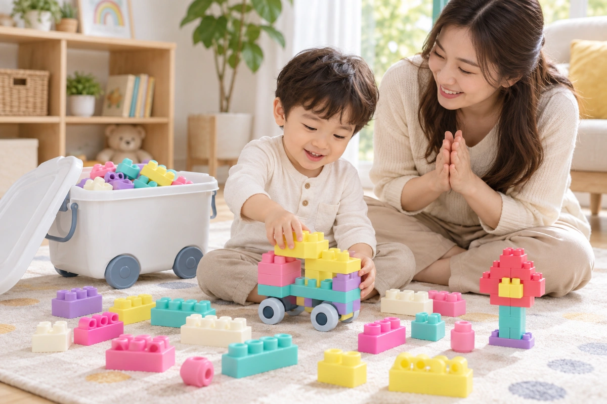 Thùng đồ chơi xếp hình nhựa dẻo 50 chi tiết lớn lắp ráp hộp đồ chơi thông minh size lớn