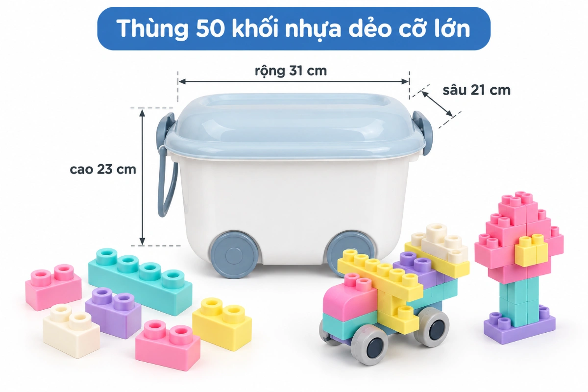 Thùng đồ chơi xếp hình nhựa dẻo 50 chi tiết lớn lắp ráp hộp đồ chơi thông minh size lớn