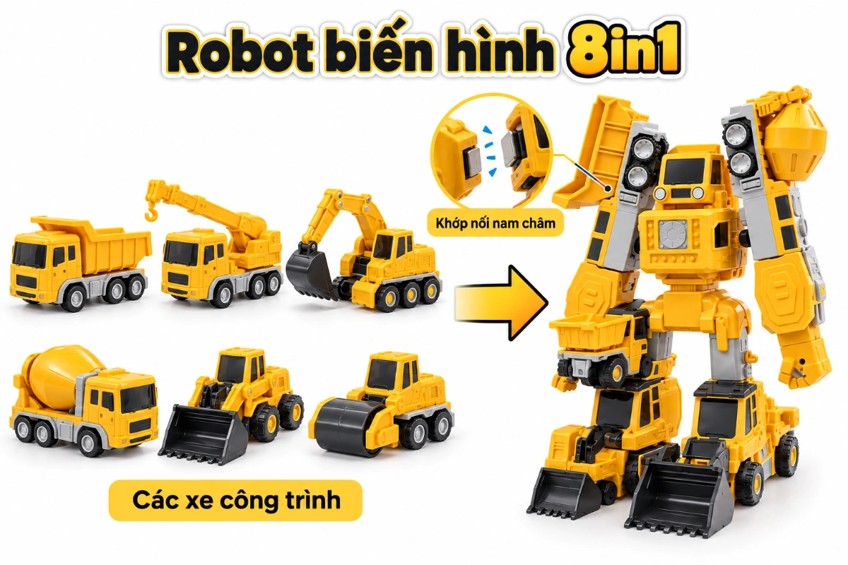 Đồ chơi lắp ráp robot biến hình từ tính 8 in 1 robot biến hình kèm hộp đựng cao cấp AquaKids