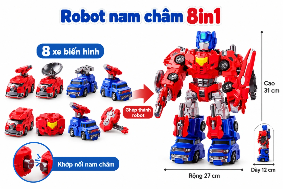 Đồ chơi robot nam châm lắp ráp 8in1 biến hình thông minh cho bé phát triển tư duy hộp quà tặng AquaKids