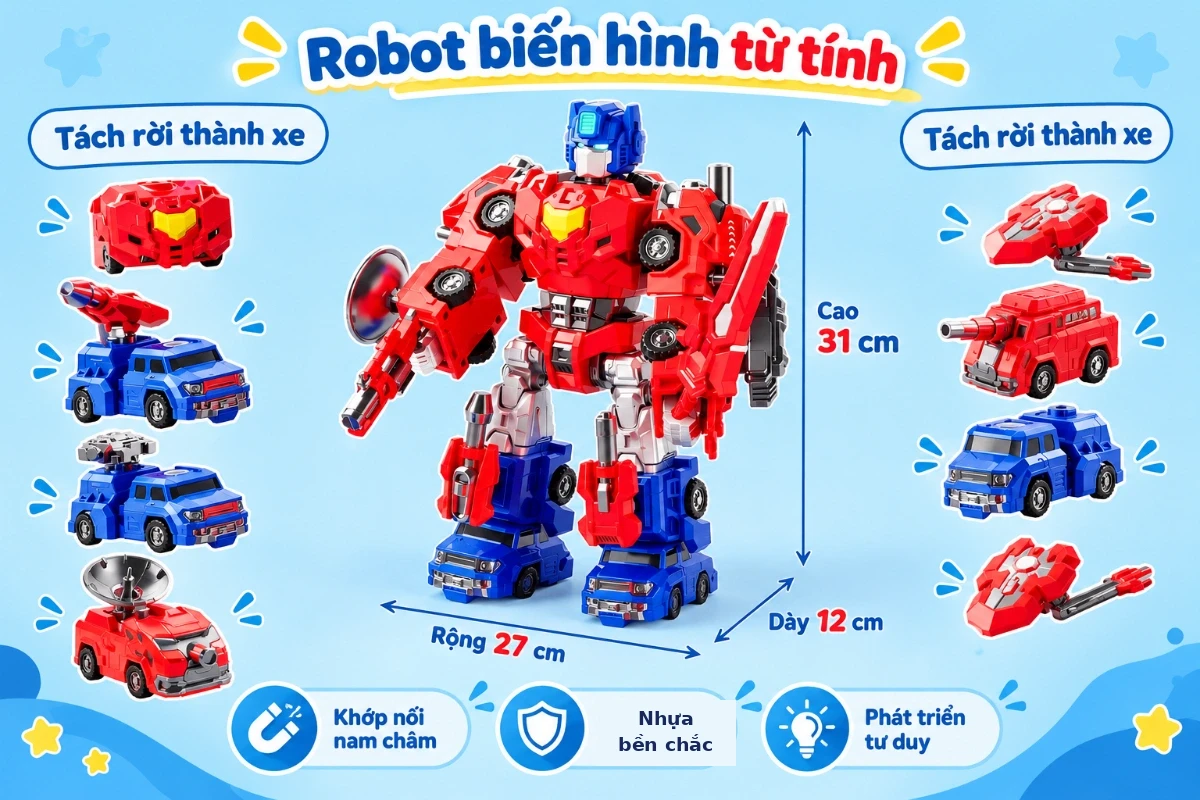 Robot biến hình từ tính đồ chơi lắp ráp siêu nhân khớp nam châm 24 trong 1 phát triển tư duy cho bé AquaKids