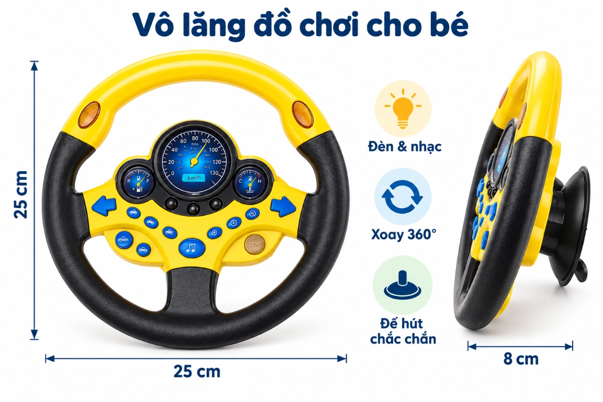 Vô Lăng Đồ Chơi Cho Bé Có Đèn Và Nhạc - Đồ Chơi Giáo Dục Sớm Mô Phỏng Lái Xe Bản Xoay 360 Độ Cao Cấp AquaKids