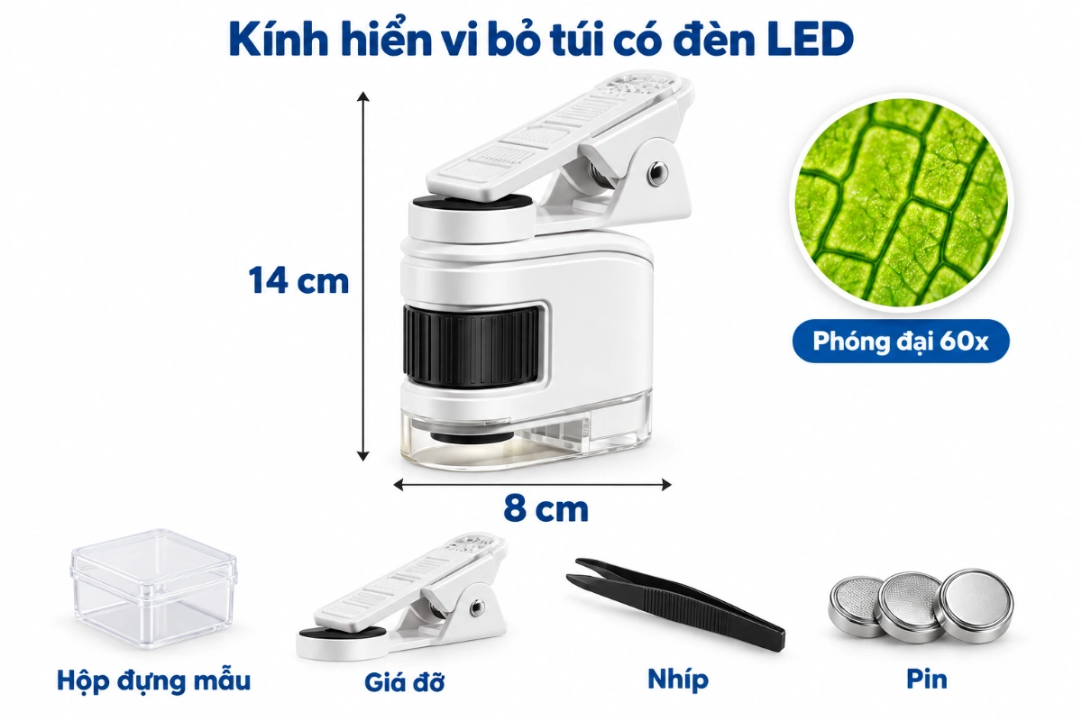 Kính hiển vi bỏ túi cho bé - Kính hiển vi mini phóng đại 160X có đèn LED đồ chơi giáo dục khoa học STEM AquaKids