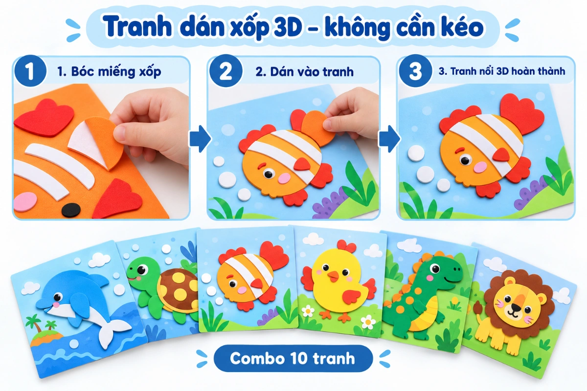 COMBO 10 Tranh dán xốp 3D xé dán cho bé Đồ chơi trí tuệ rèn luyện khéo léo làm quà cho bé AquaKids