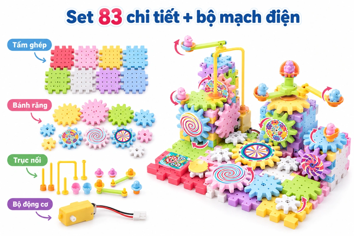 Bộ đồ chơi lắp ghép xếp hình bánh răng chuyển động, vòng xoay 83, 165, 203 chi tiết AquaKids