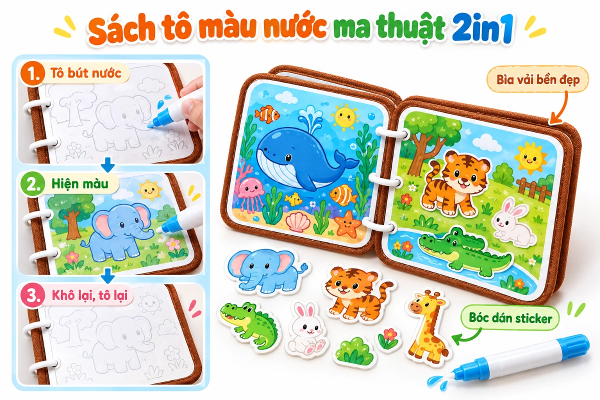 Sách tô màu nước ma thuật cho bé kèm bóc dán 2 Trong 1 đồ chơi giáo dục tư duy baby busy AquaKids