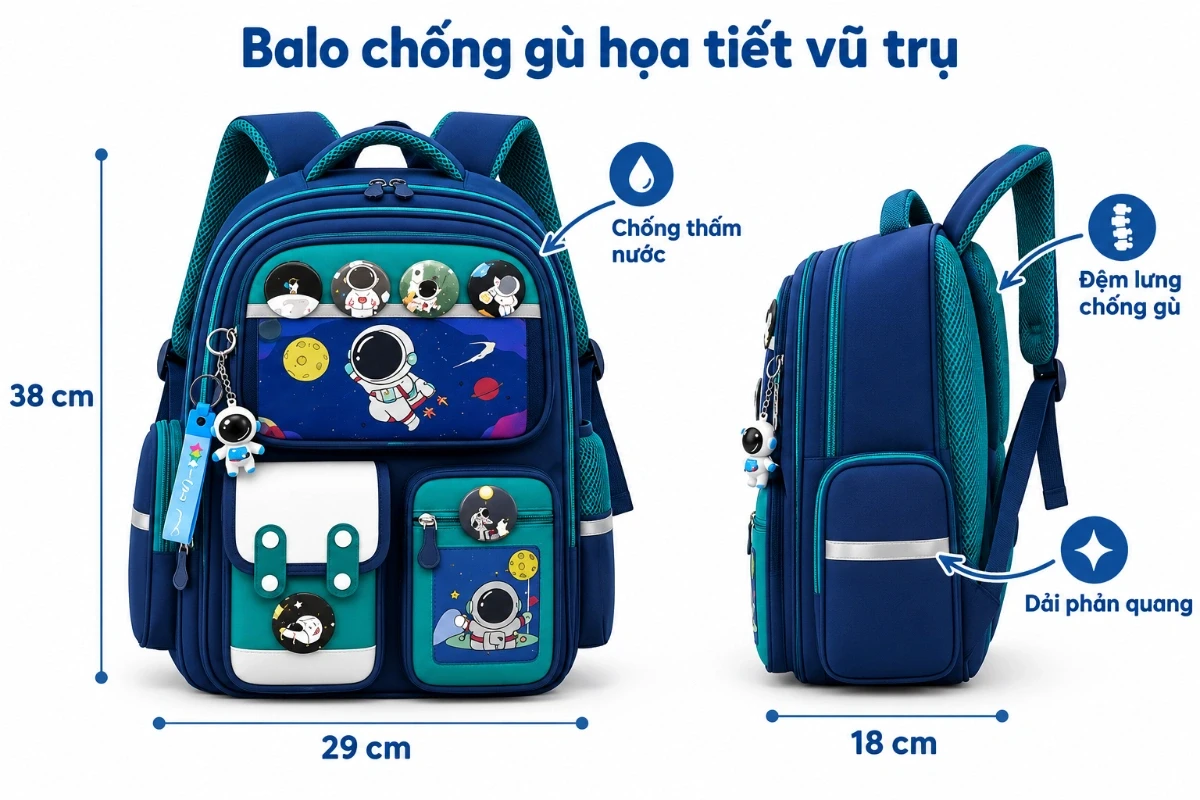 [Tặng phụ kiện] Balo đi học cho bé tiểu học chống gù chống nước cặp sách học sinh cấp 1 họa tiết vũ trụ cao cấp AquaKids