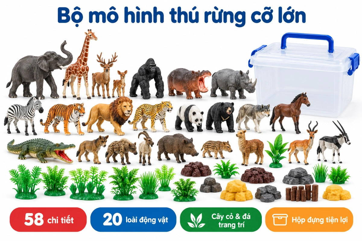 Bộ động vật 58 chi tiết cỡ lớn cho bé đồ chơi mô hình động vật cao cấp 58 chi tiết mô hình thú rừng AquaKids