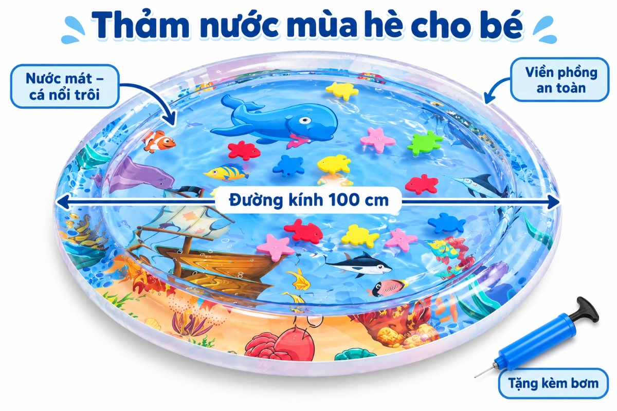 Thảm nước đệm nước mùa hè 100cm tặng kèm bơm cho bé nệm nước mát lạnh thảm đệm nước đại dương AquaKids