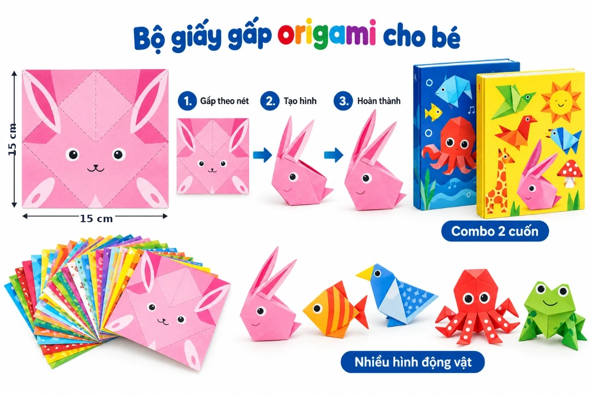 Bộ giấy gấp thủ công Origami nhiều hình động vật nhiều màu sắc cho bé AquaKids