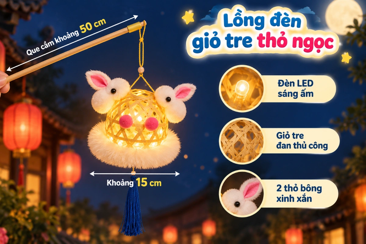 Lồng đèn trung thu giỏ tre thỏ ngọc có đèn trang trí mẫu mới 2 thỏ cho trung thu 2026 AquaKids