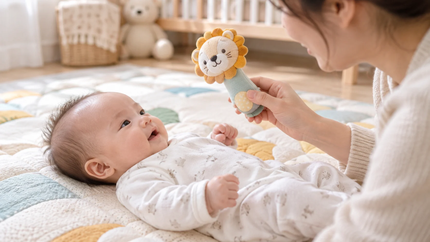 Bé nhỏ quan sát đồ chơi mềm ở khoảng cách an toàn