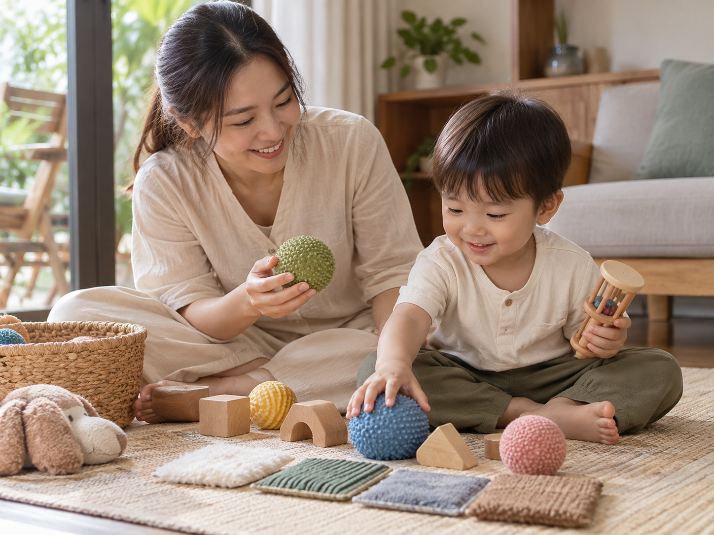 Bé chơi đồ chơi cảm giác mềm và an toàn cùng phụ huynh tại nhà