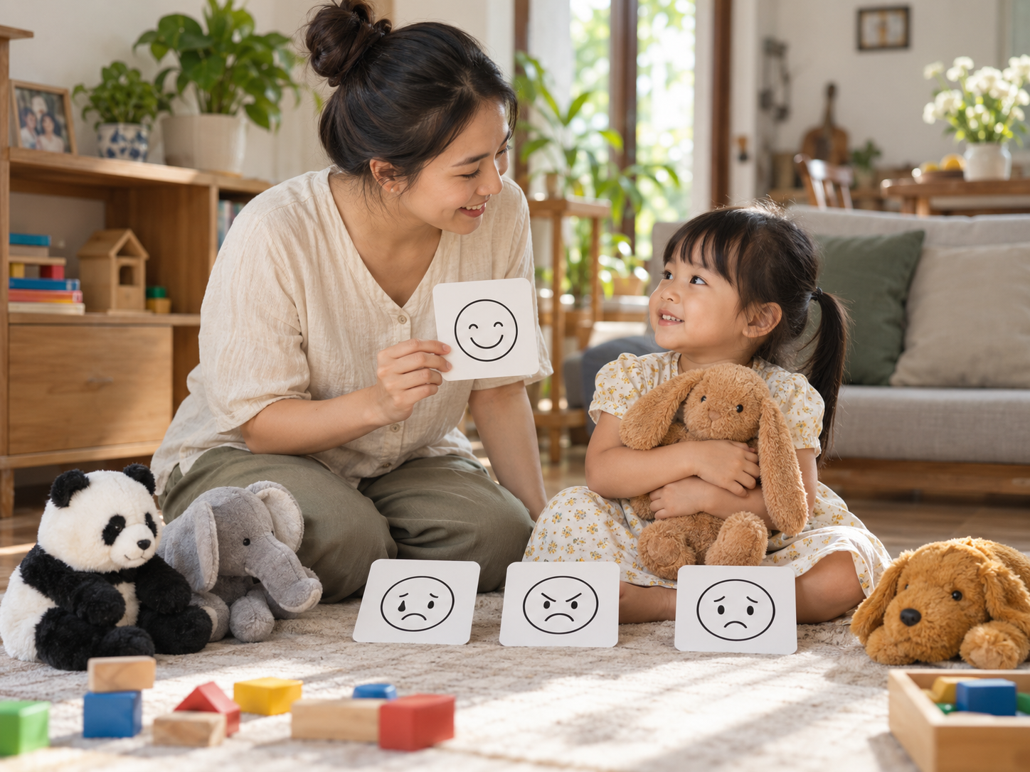 Bé dùng nhân vật đồ chơi để gọi tên cảm xúc vui buồn giận