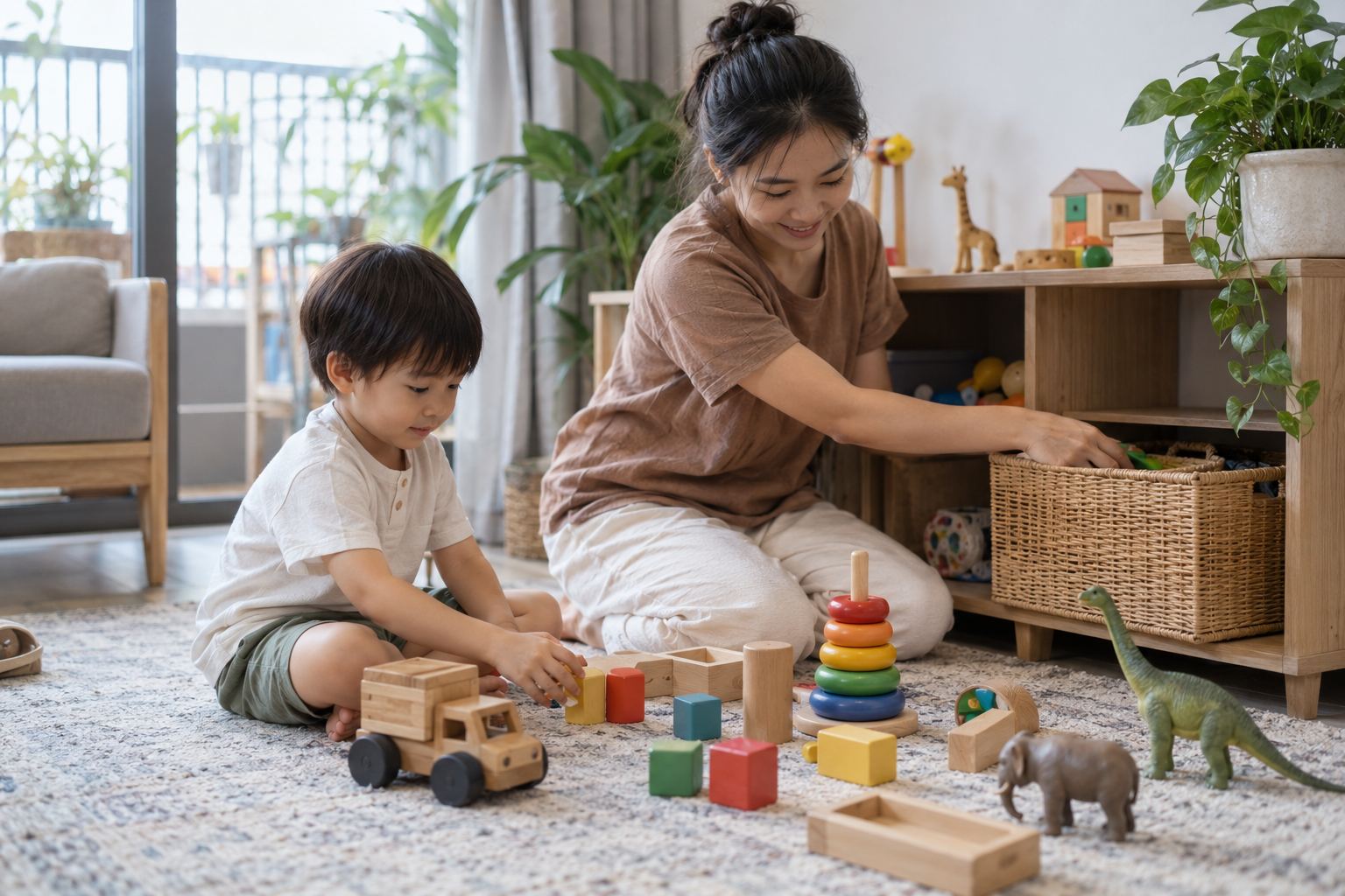 Góc chơi gọn với vài món đồ chơi được xoay vòng theo tuần cho bé