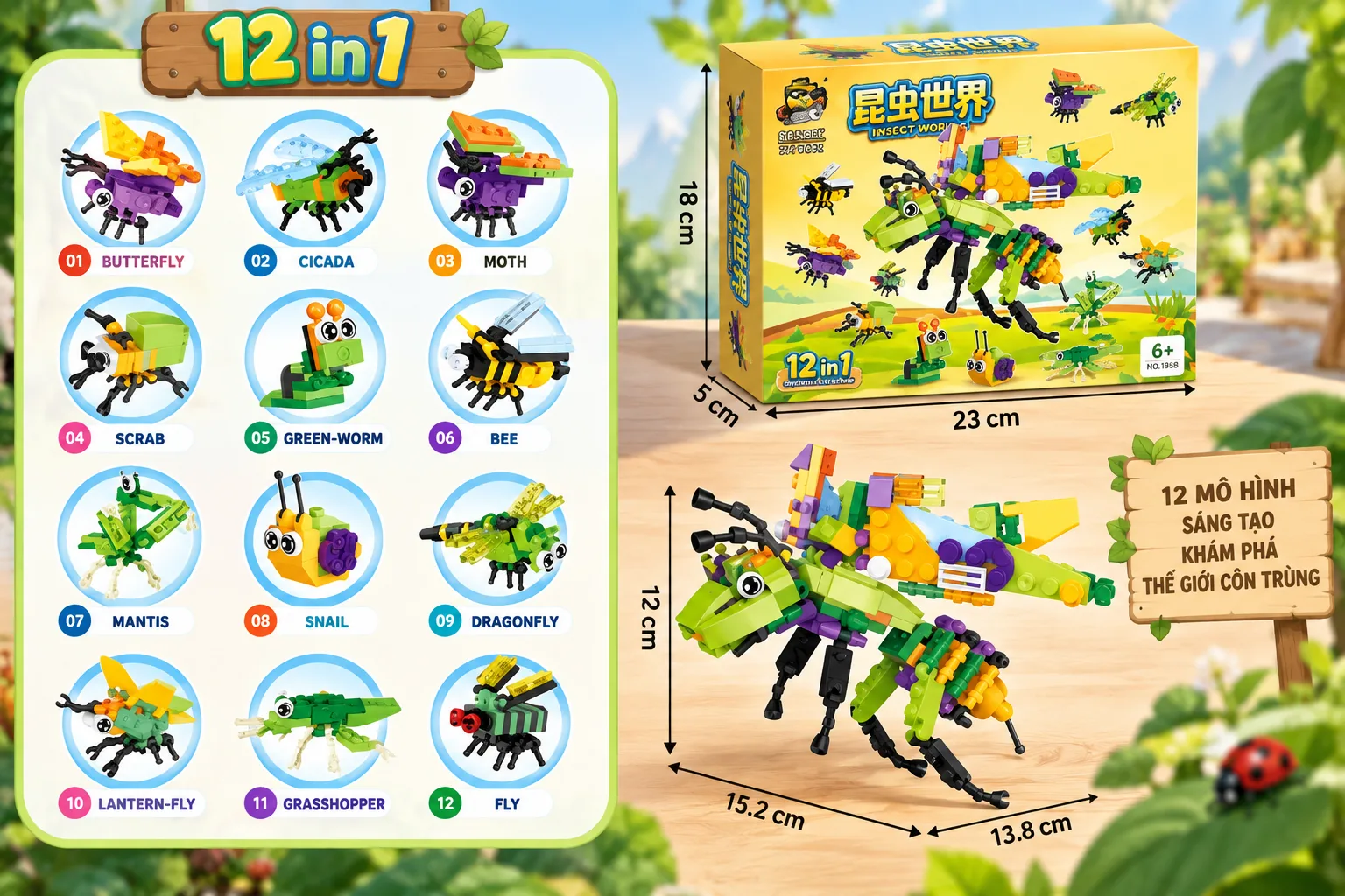 Mô hình lắp ráp côn trùng ong chúa set 12 in 1 xếp hình thông minh quà tặng cho bé cỡ lớn Aquakids - Ảnh kích thước sản phẩm