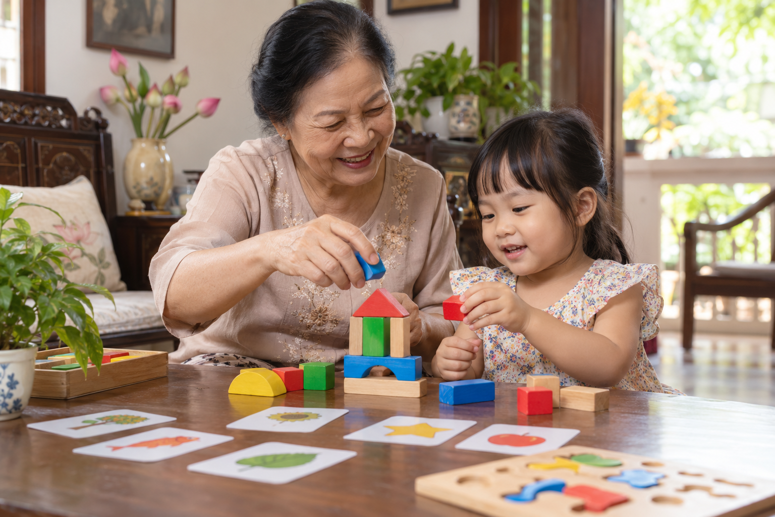 Ông bà và cháu chơi thẻ tranh, khối gỗ và nhân vật nhỏ trong phòng khách