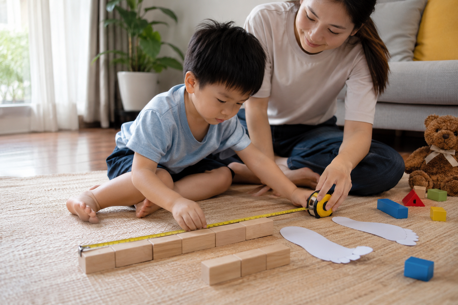 Mẹ và bé dùng thước dây, khối gỗ và đồ chơi để so sánh dài ngắn tại bàn chơi