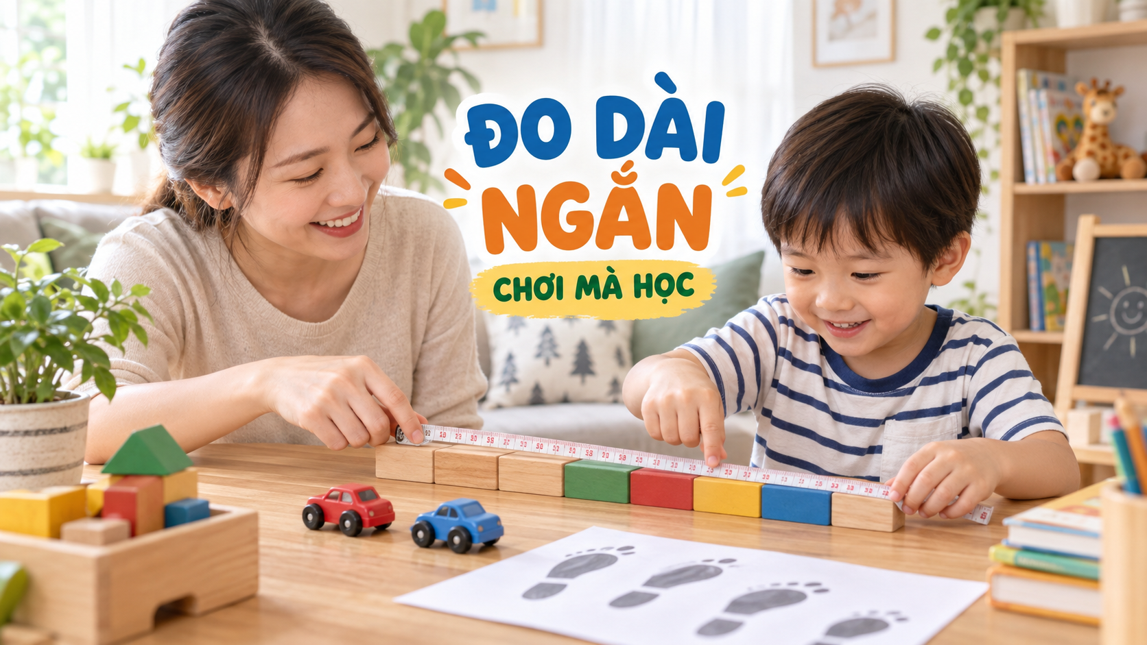 Trò chơi đo dài ngắn cho bé: dùng thước dây, khối gỗ và bước chân