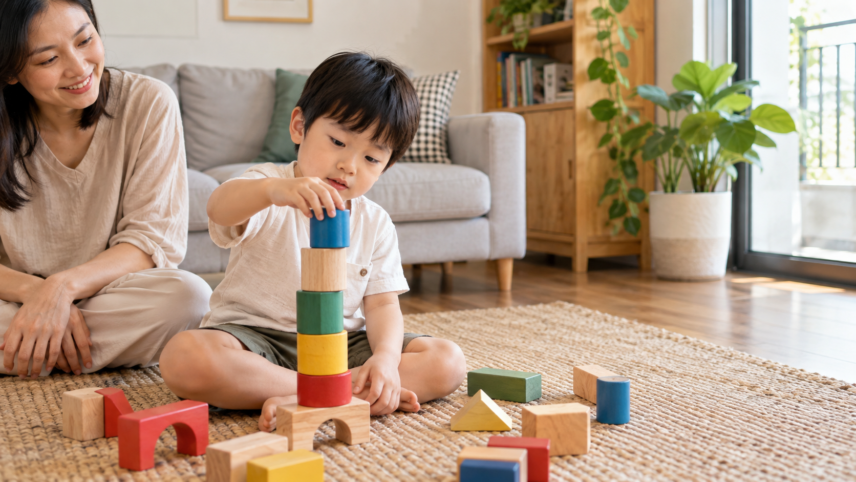 Bé chơi lặp lại bộ xếp hình yêu thích cùng mẹ tại nhà