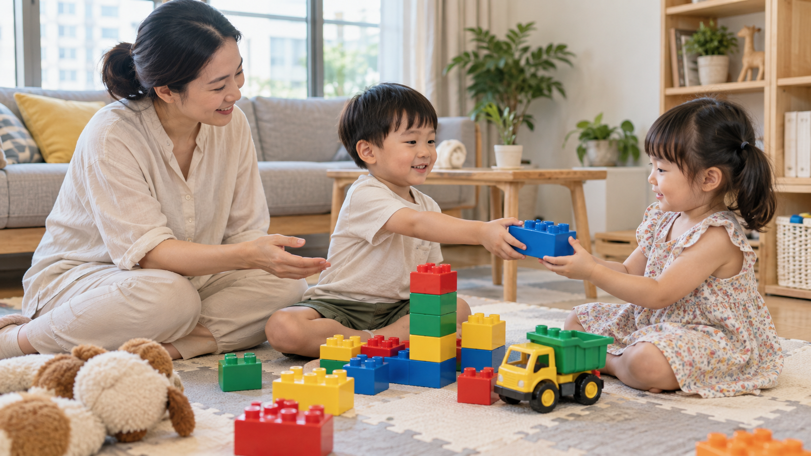 Hai bé mẫu giáo cùng chia sẻ rổ khối lắp ráp trong góc chơi tại nhà
