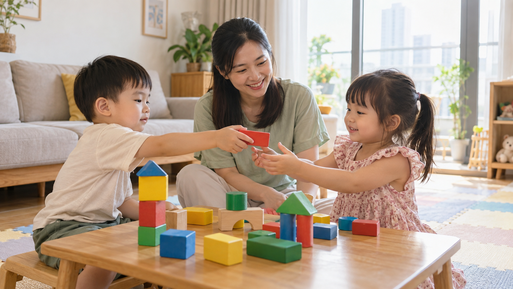 Phụ huynh chuẩn bị hoạt động dạy bé biết chia sẻ đồ chơi cho bé độ tuổi của bé trong góc chơi an toàn