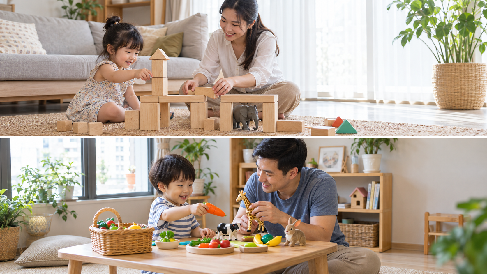 Cha mẹ chơi cùng con với khối gỗ để bé không nhanh chán
