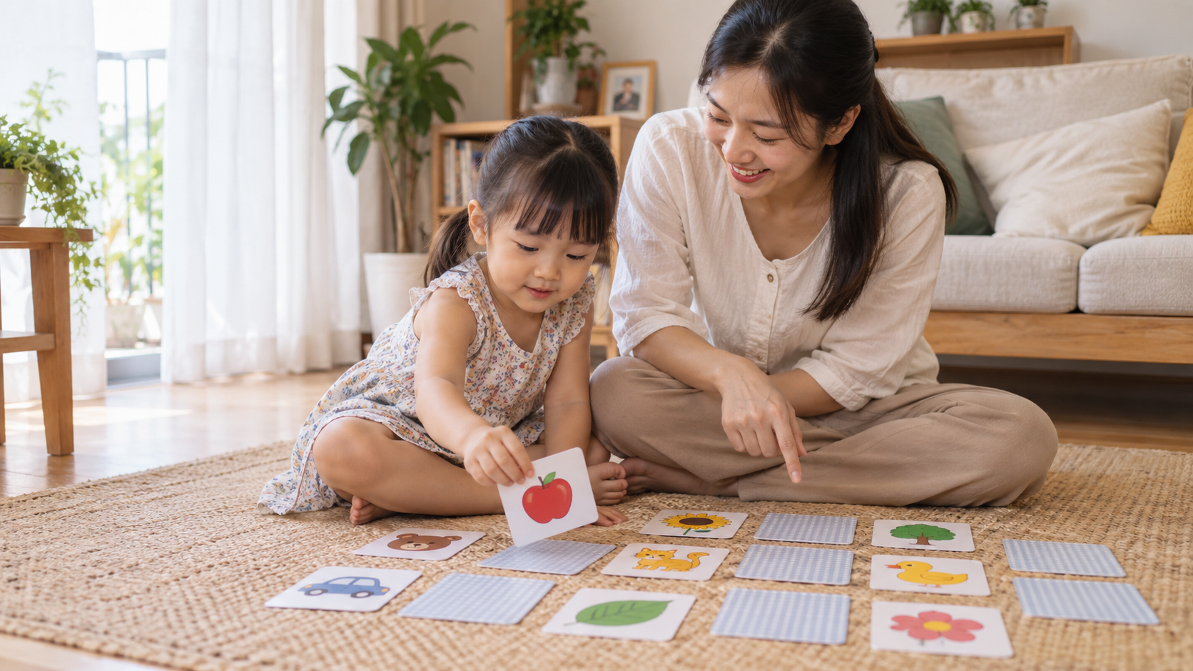 Bé chơi trò tìm cặp thẻ để rèn trí nhớ cùng mẹ tại nhà