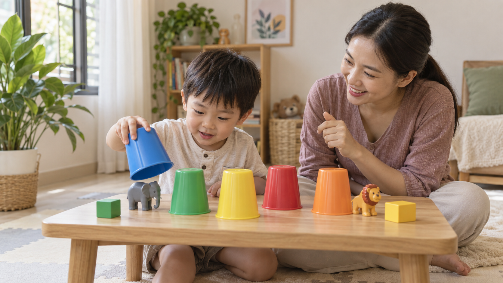Phụ huynh chuẩn bị hoạt động trò chơi phát triển trí nhớ cho bé 3-6 tuổi tại nhà cho bé độ tuổi của bé trong góc chơi an toàn