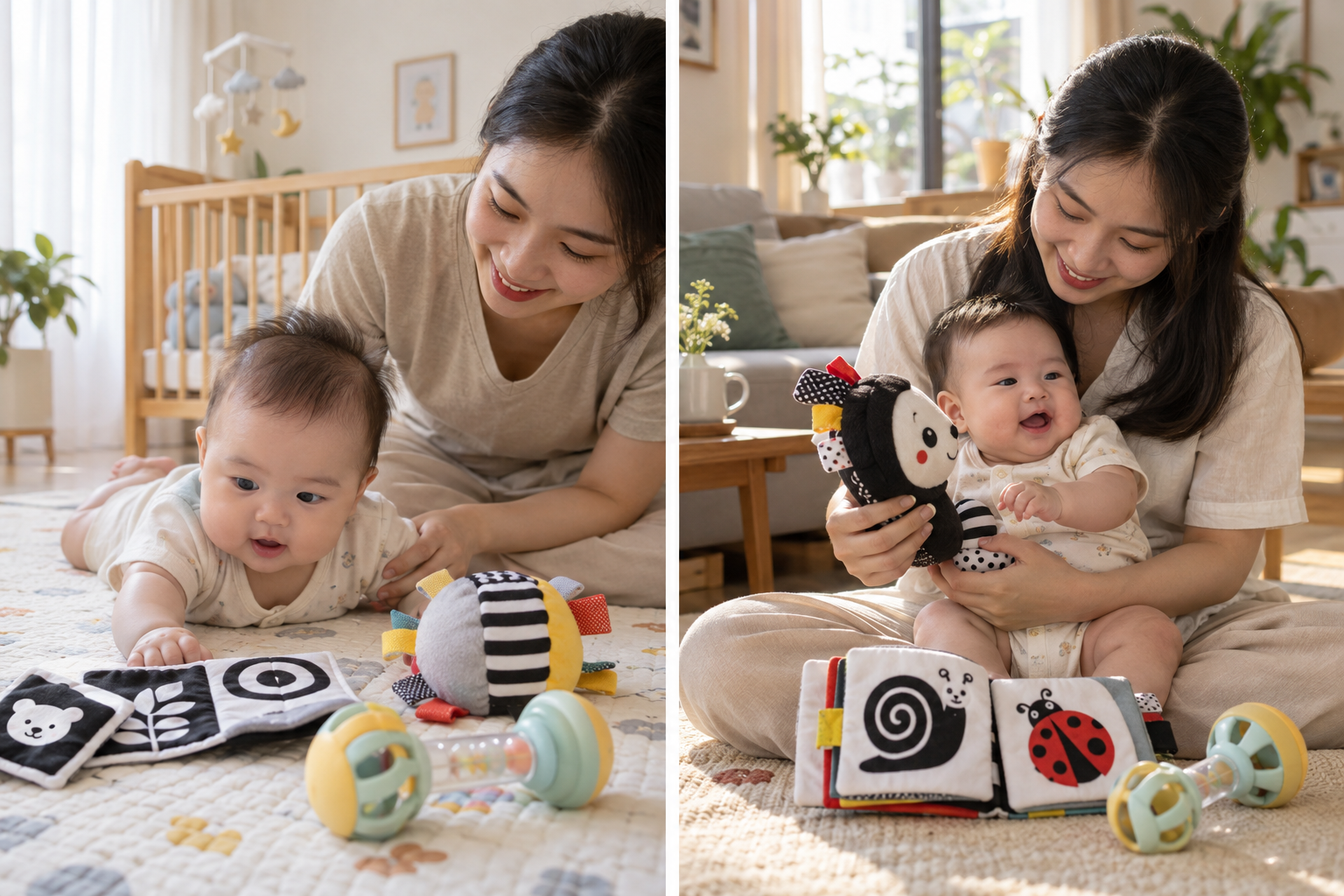 Minh họa 2 cho bài Đồ chơi cho bé 0-6 tháng: chọn gì để con nhìn, nghe và chạm an toàn?