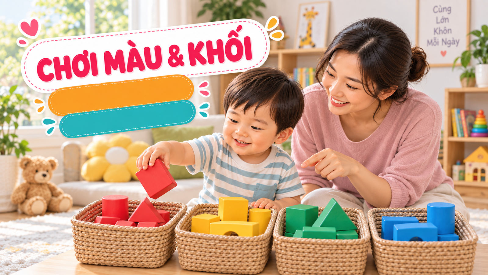 Phân loại khối màu cho bé 2-3 tuổi: chơi màu, hình và cất đồ gọn