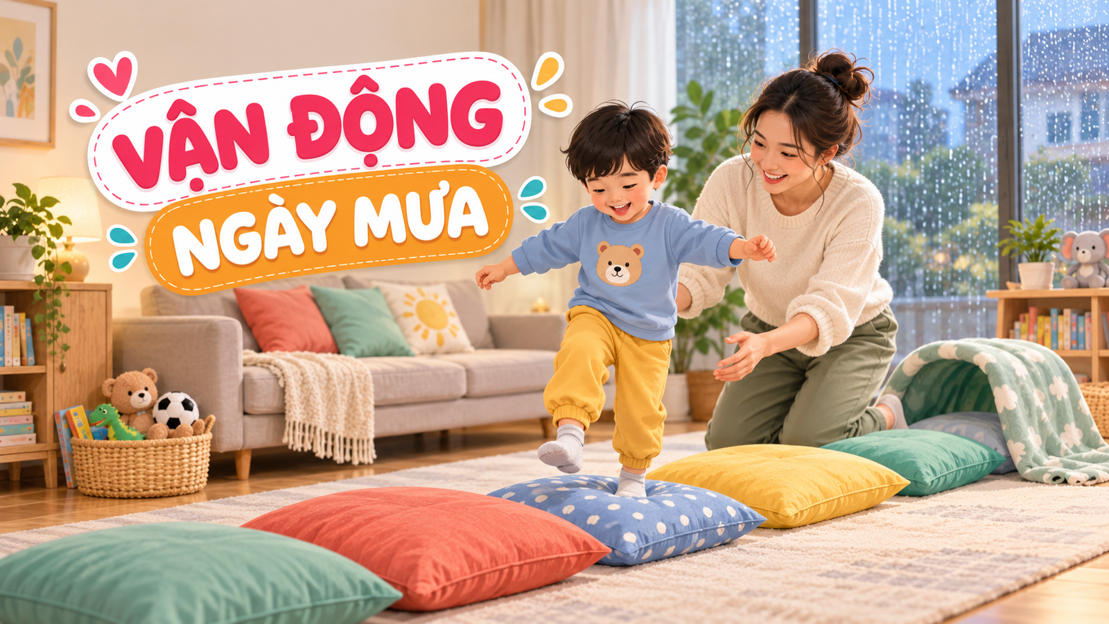 Vận động trong nhà ngày mưa: làm đường đi gối đệm an toàn cho bé