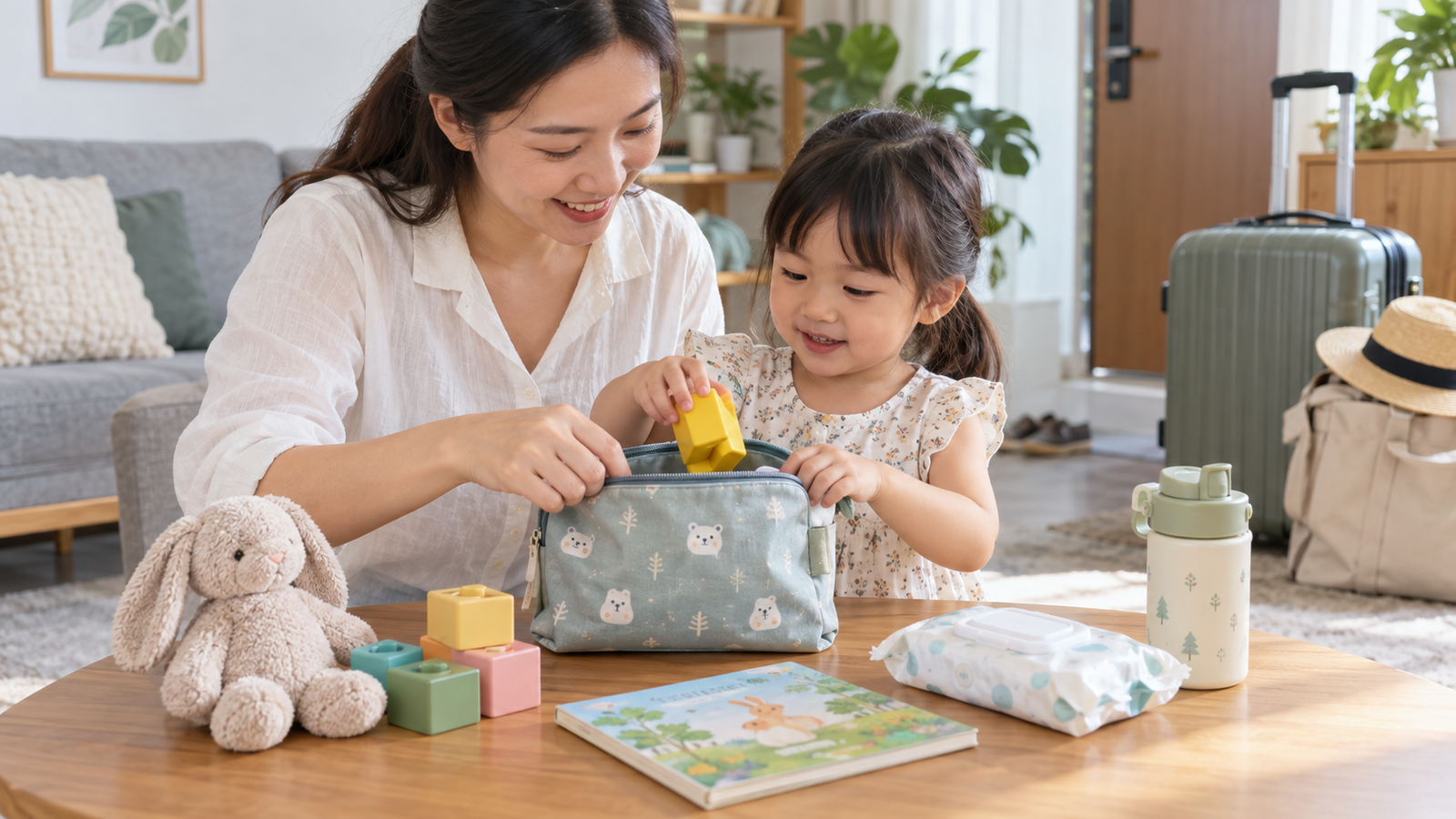 Mẹ và bé chuẩn bị túi đồ chơi đi du lịch với sách tranh, khối lớn và thú bông
