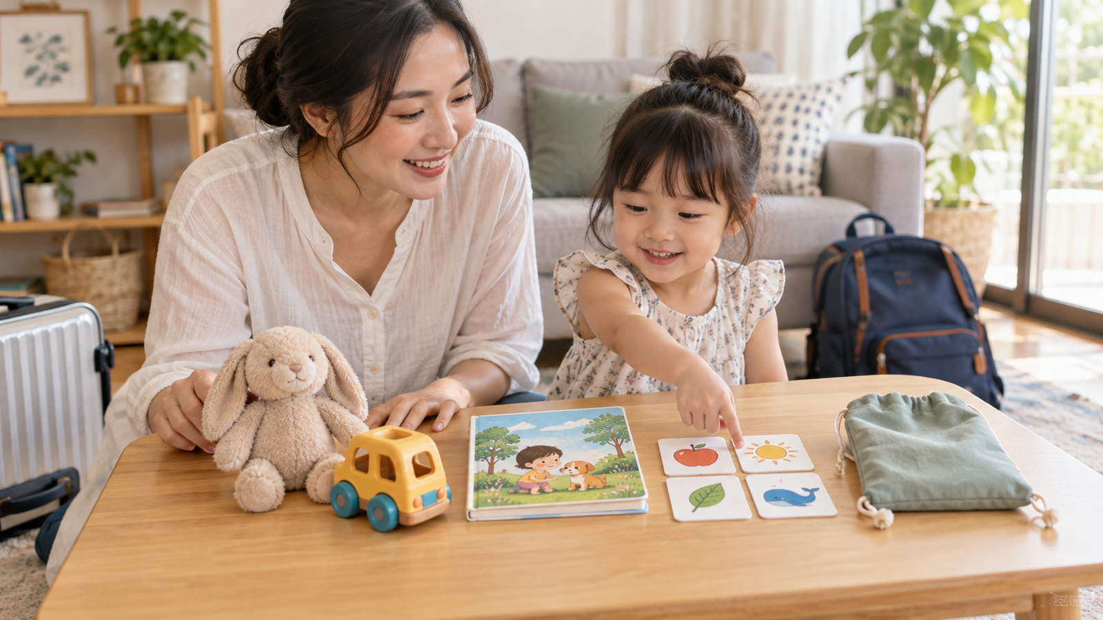 Mẹ và bé chọn ba món đồ chơi gọn để bỏ vào túi đi du lịch
