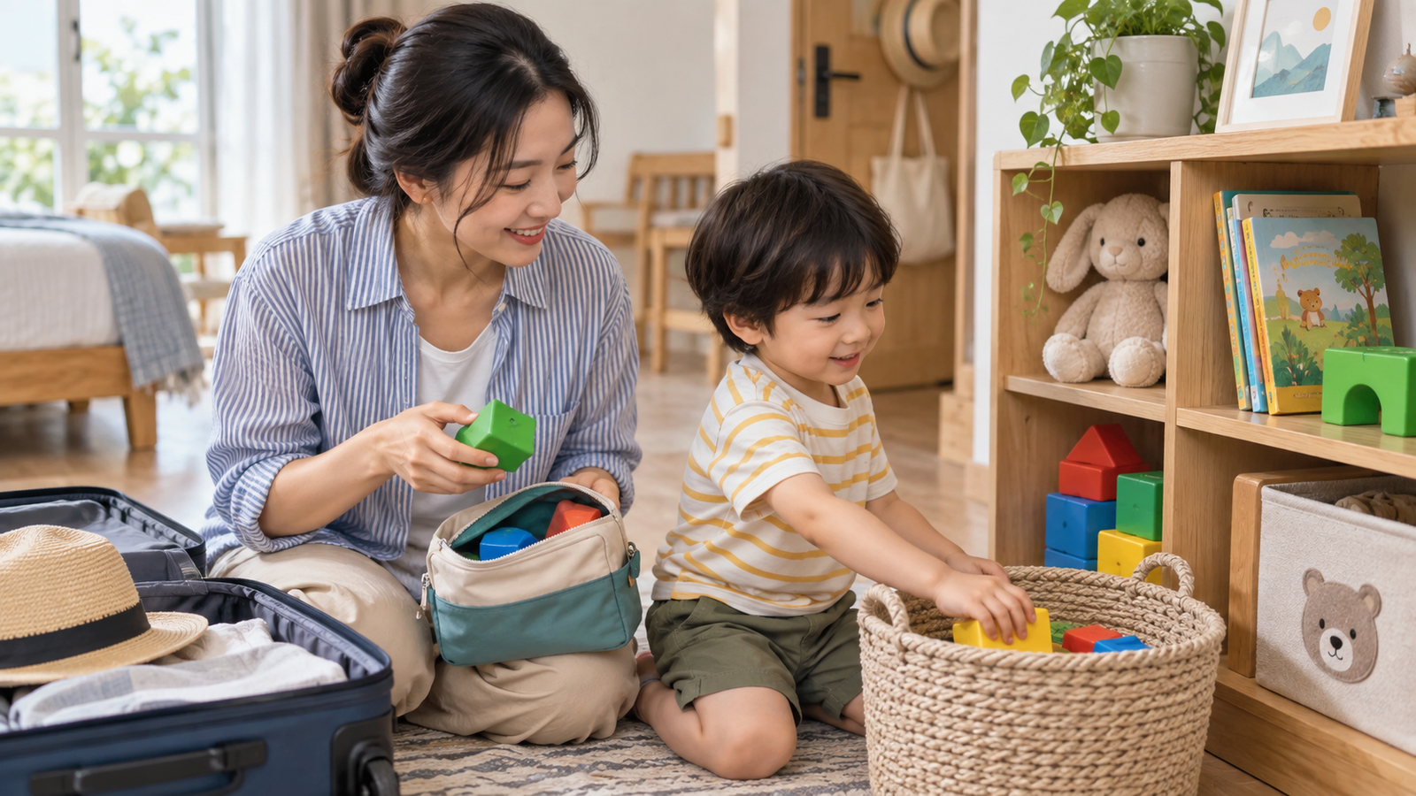 Bé cất đồ chơi về giỏ sau chuyến đi ngắn cùng gia đình