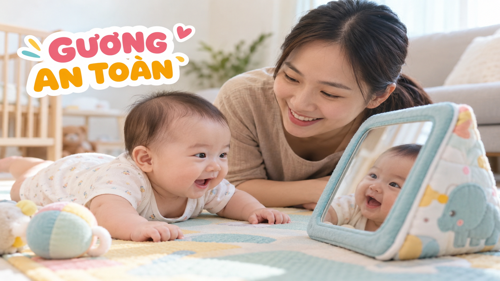 Gương an toàn cho bé 0-6 tháng: chơi nhìn mặt, gọi tên và tương tác nhẹ
