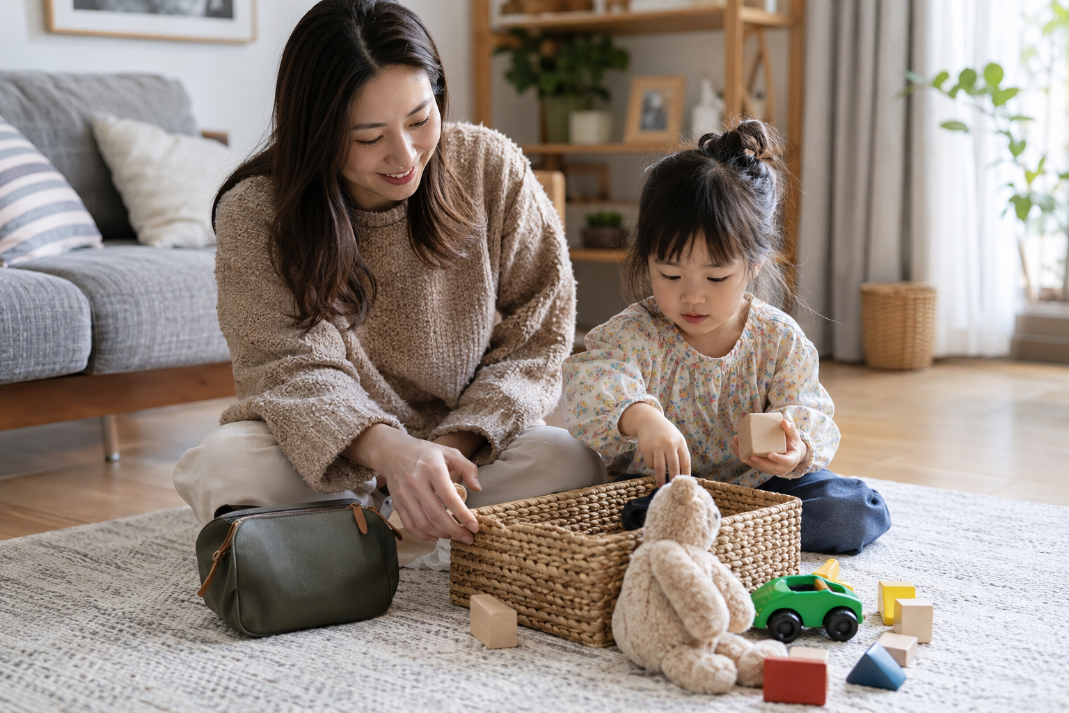 Bé cất đồ chơi về giỏ sau chuyến đi ngắn cùng gia đình