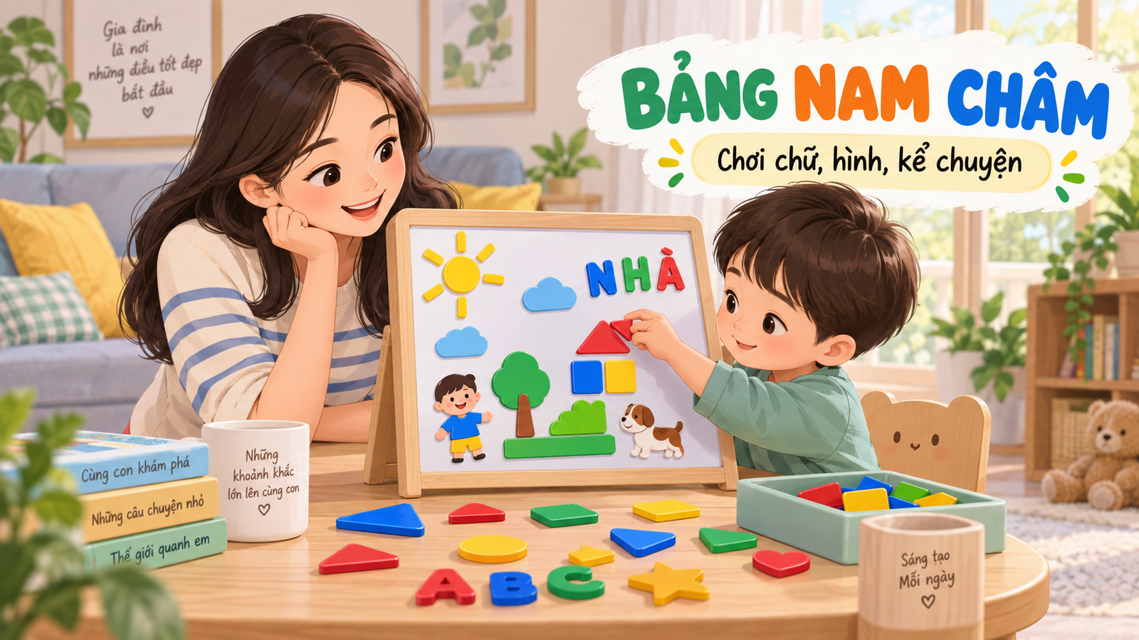 Mẹ và bé 3-5 tuổi chơi bảng nam châm bằng chữ, hình và mảnh kể chuyện lớn