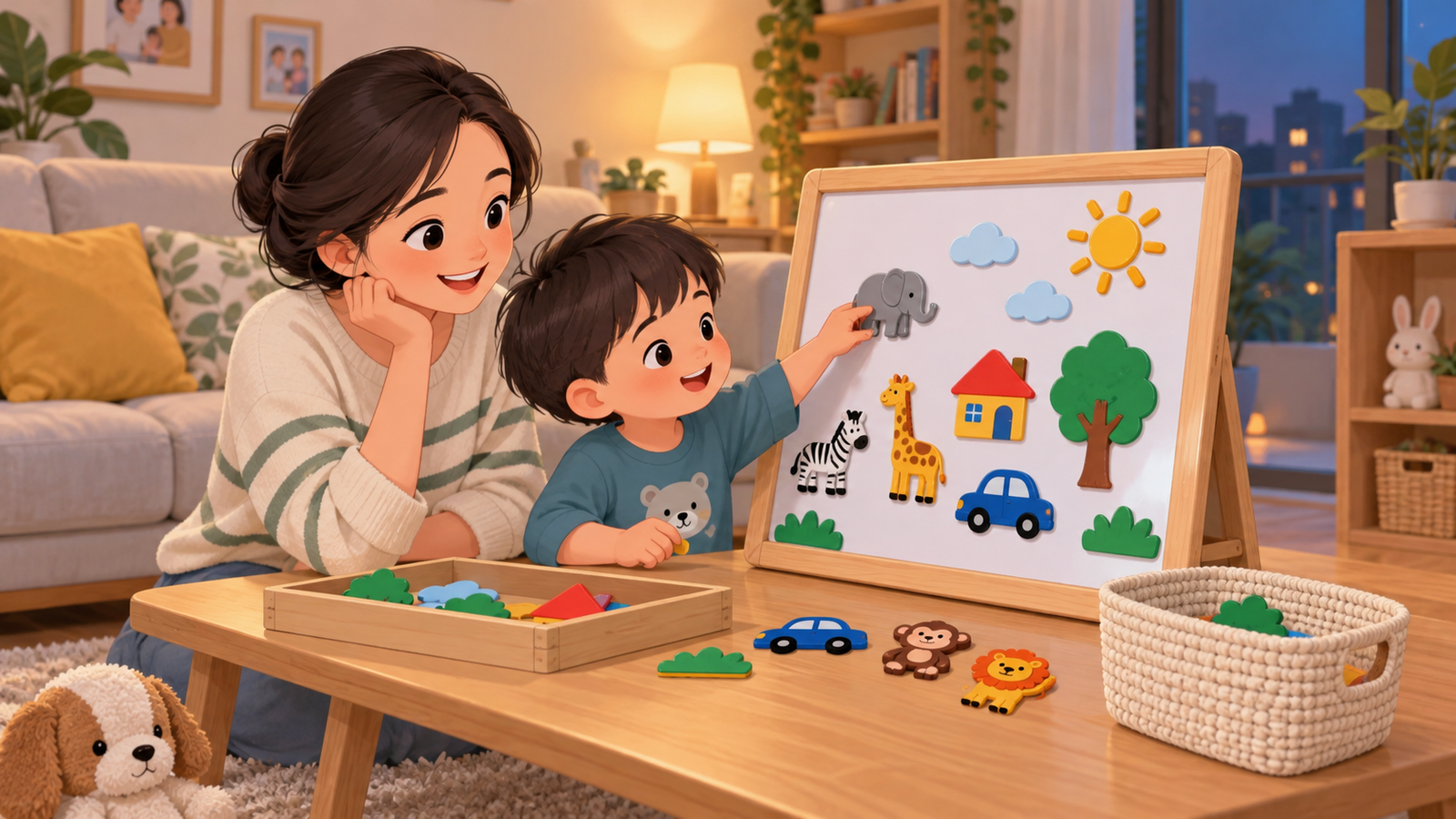 Bé kể chuyện bằng bảng nam châm và cất mảnh chơi vào giỏ sau khi chơi