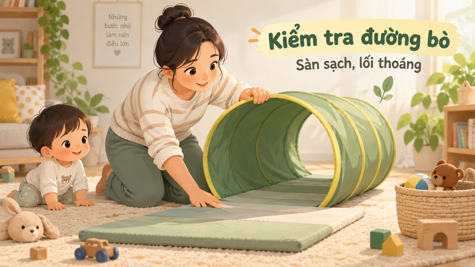 Cha mẹ kiểm tra đường bò, thảm sạch và lối thoáng trước khi bé chơi đường hầm vải