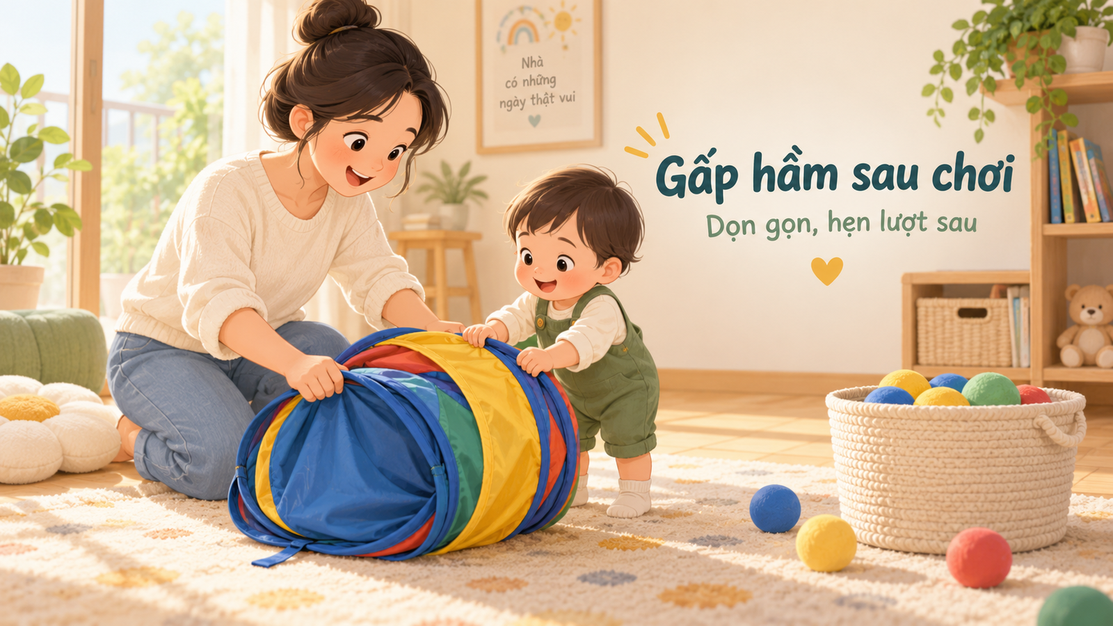 Bé cùng cha mẹ gấp đường hầm vải và cất bóng mềm sau khi chơi