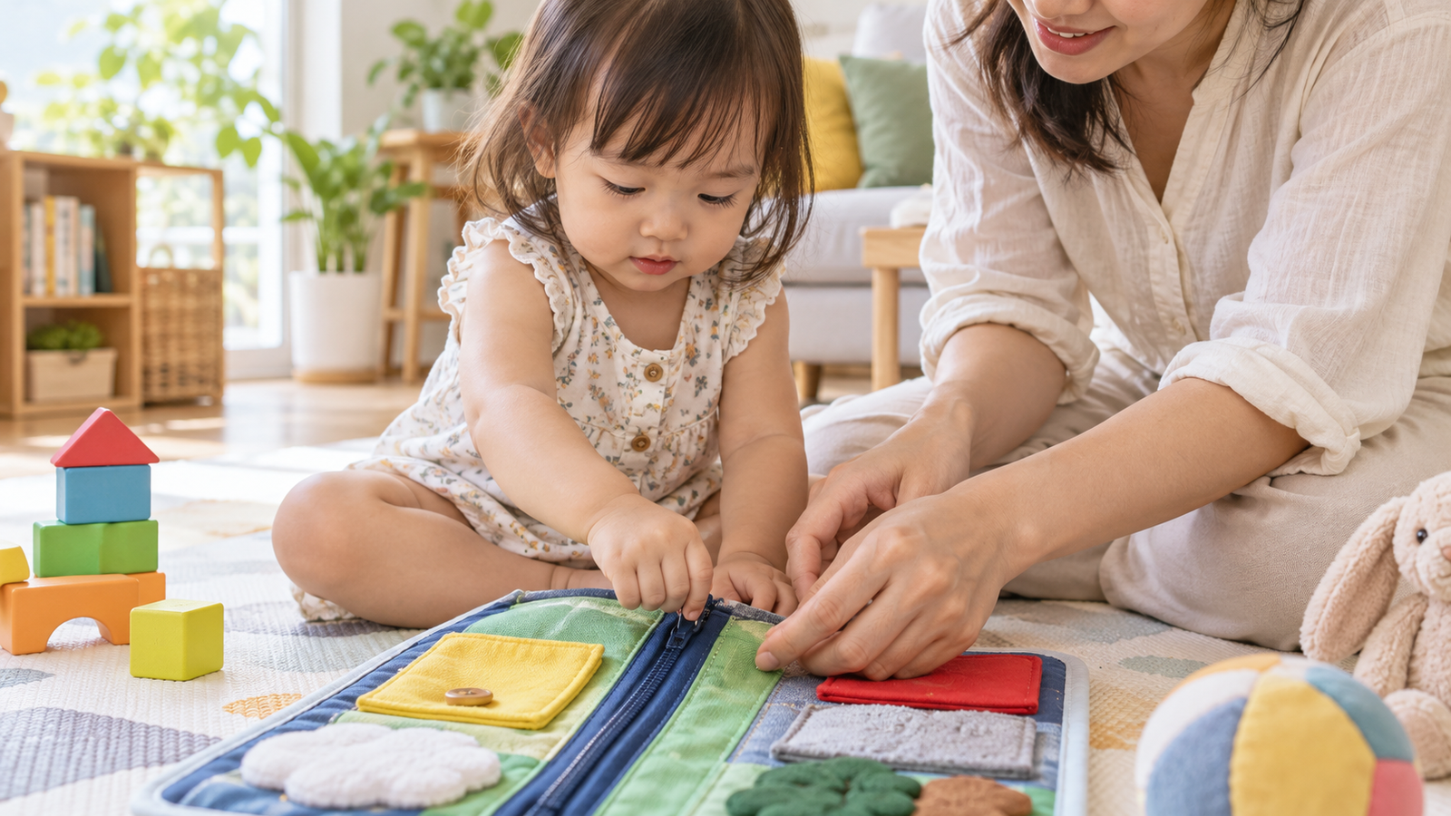 Cha mẹ hướng dẫn bé kéo khóa chậm trên bảng vải hoạt động