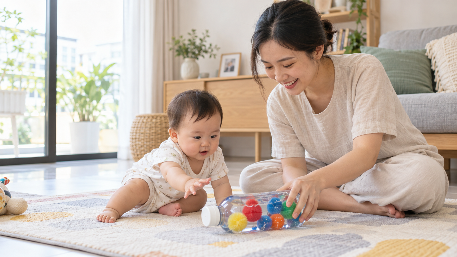 Chai cảm giác cho bé 6-12 tháng: lăn, nhìn và nghe nhẹ nhàng