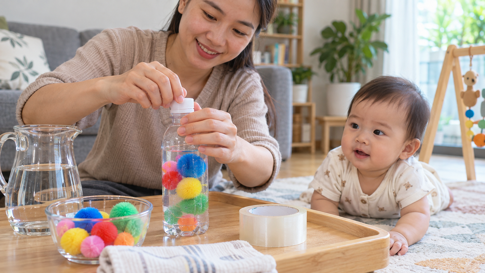 Cha mẹ chuẩn bị chai cảm giác đã niêm kín nắp trước khi đưa cho bé quan sát