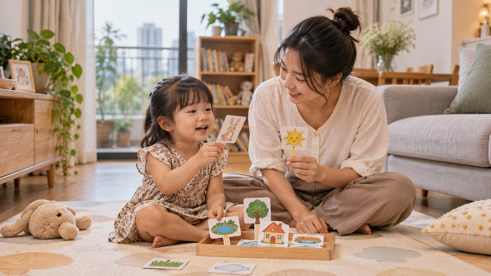 Mẹ ngồi cùng bé 3-5 tuổi dùng que tranh trong khay gỗ để kể chuyện tại nhà
