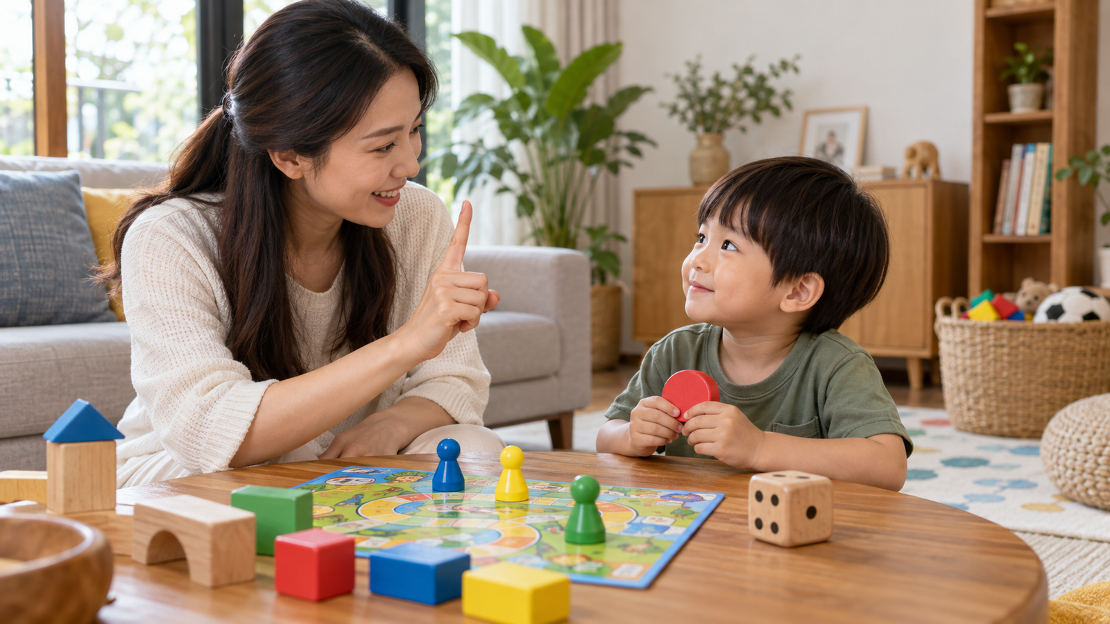 Cha mẹ dùng tín hiệu ngắn để bé 3-6 tuổi chờ đến lượt khi chơi