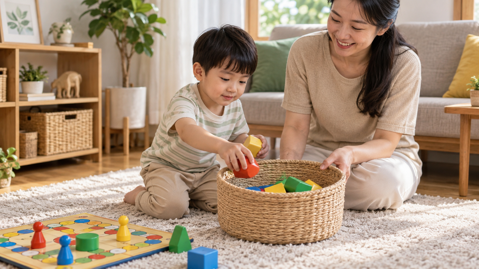 Bé cùng mẹ cất quân chơi và khối gỗ sau phiên chơi theo lượt