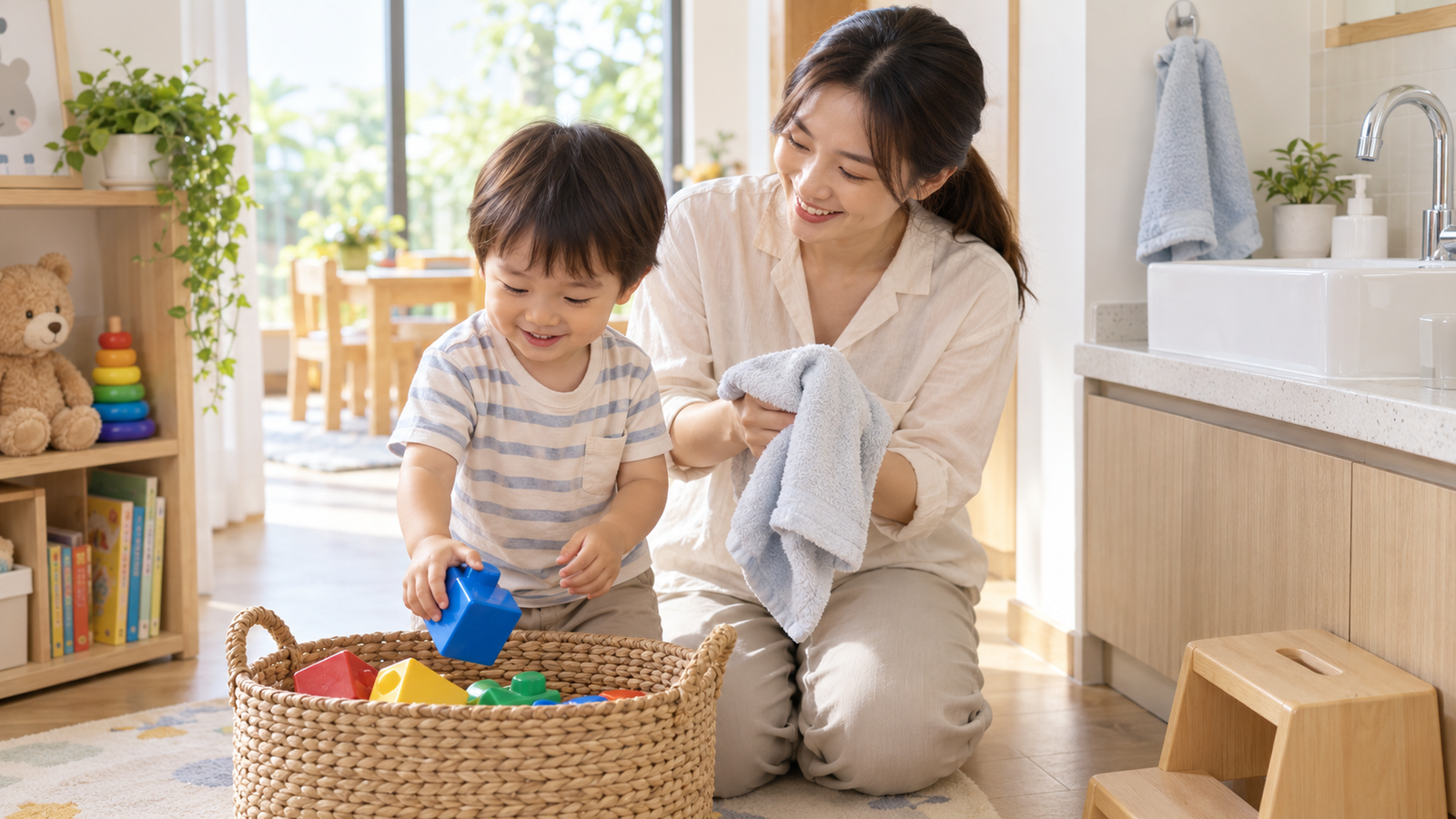 Bé lau khô tay rồi cất khối đồ chơi vào giỏ sau khi rửa tay