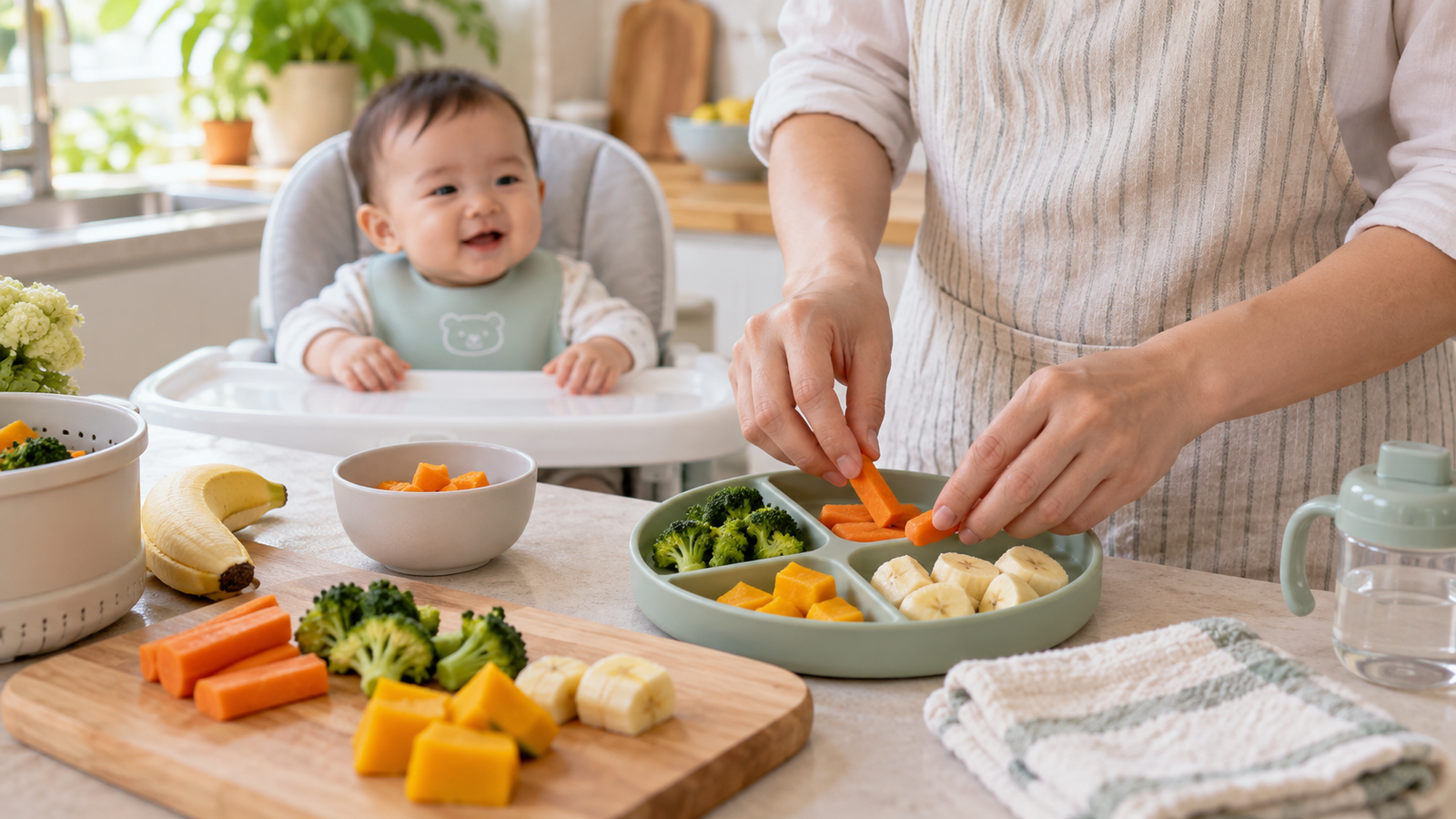 Cha mẹ chuẩn bị khay ăn dặm mềm để bé 6-12 tháng tập bốc nhón an toàn