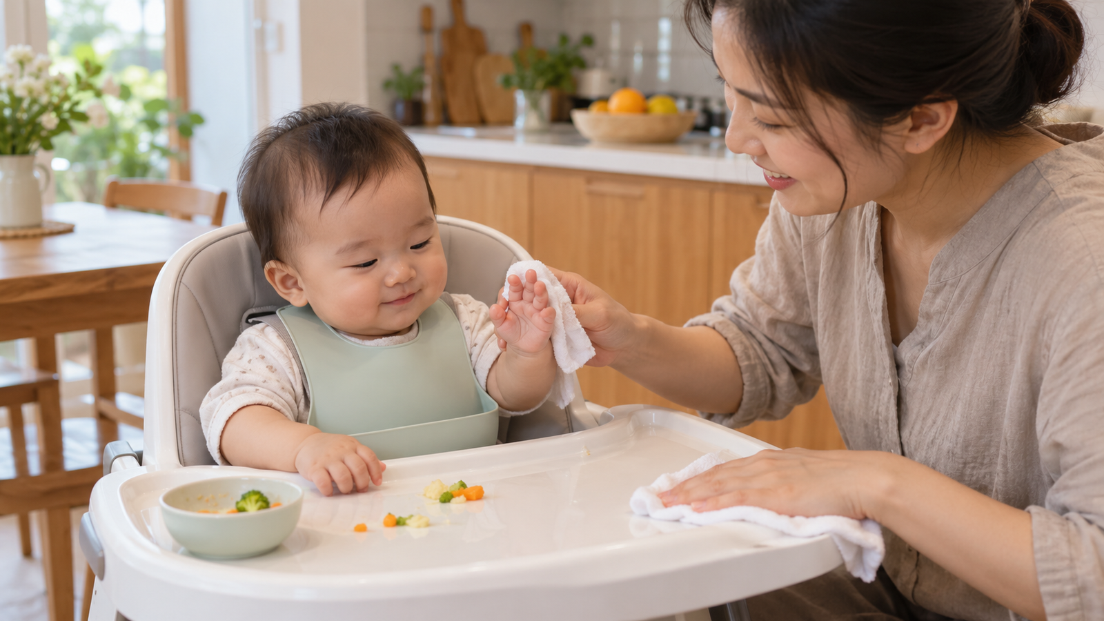 Mẹ lau tay và khay ăn cho bé sau phiên tập bốc nhón khi ăn dặm
